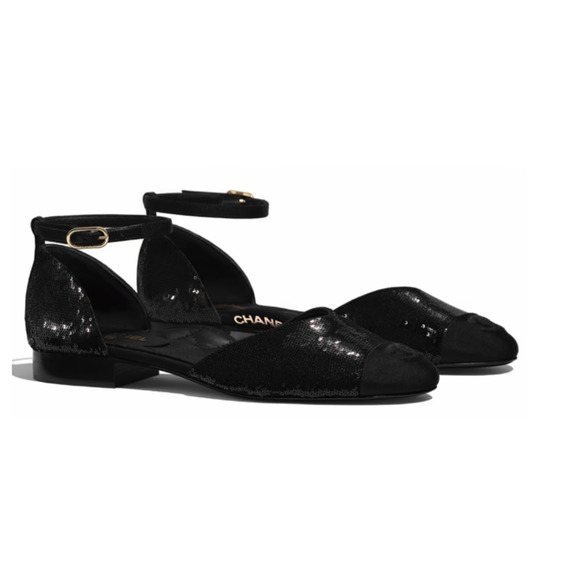 Chanel 20S Black Sequin CC Logo Mary Jane Ankle Strap Ballet Ballerina Flat 38 - Picture 3 of 12
